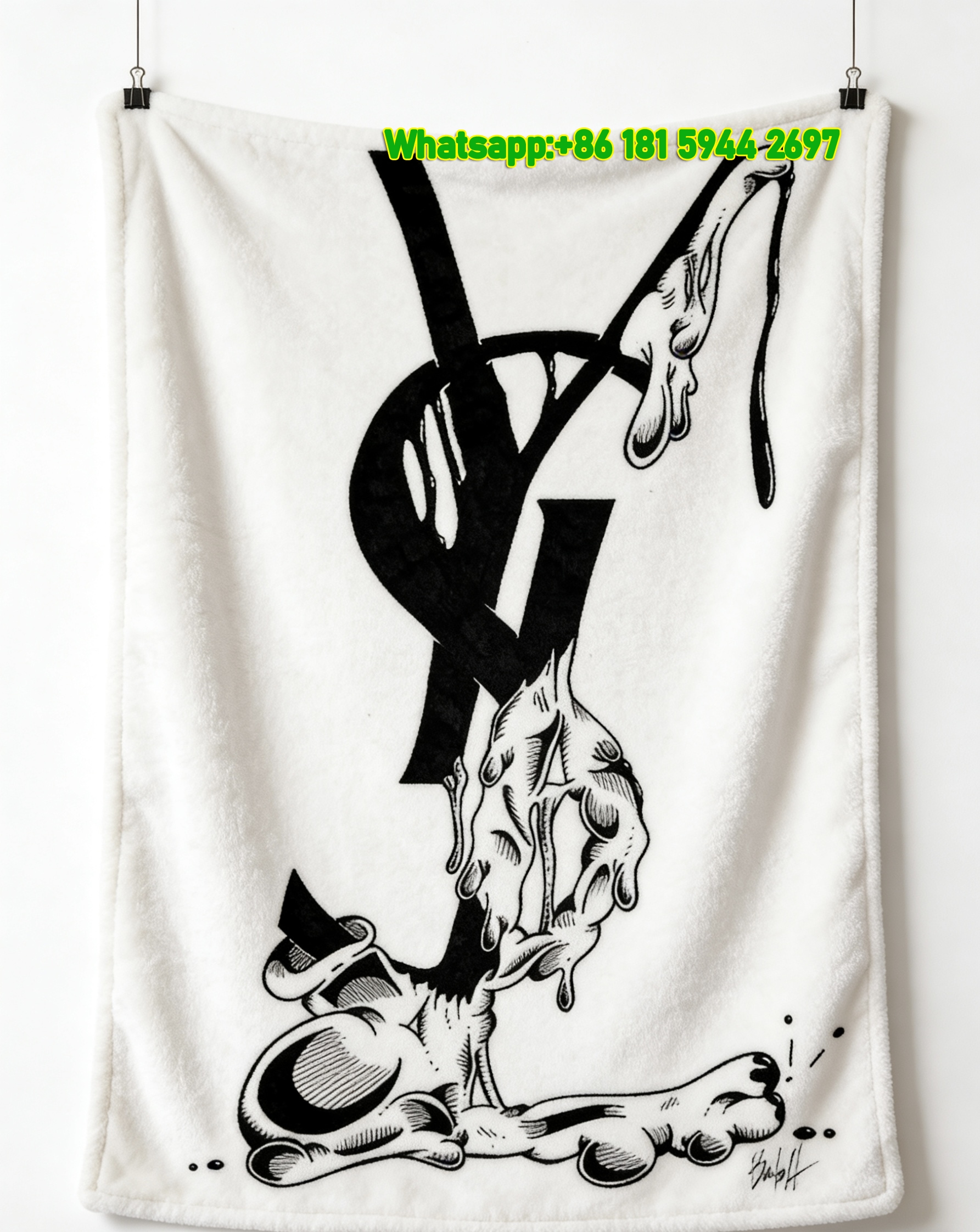 Yves Saint Laurent YSL Black White Dripping Melting Logo Print Flannel Sofa Throw Blanket Luxury Streetwear Decor Blanket IMG_3229